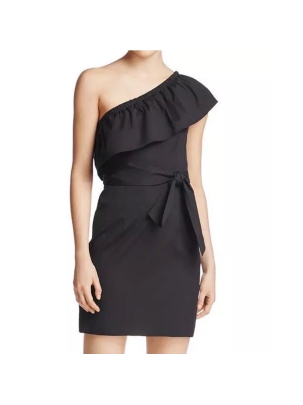 One-Shoulder Black Ruffle Sheath Dress with Waist Tie MILLY TARA size 10